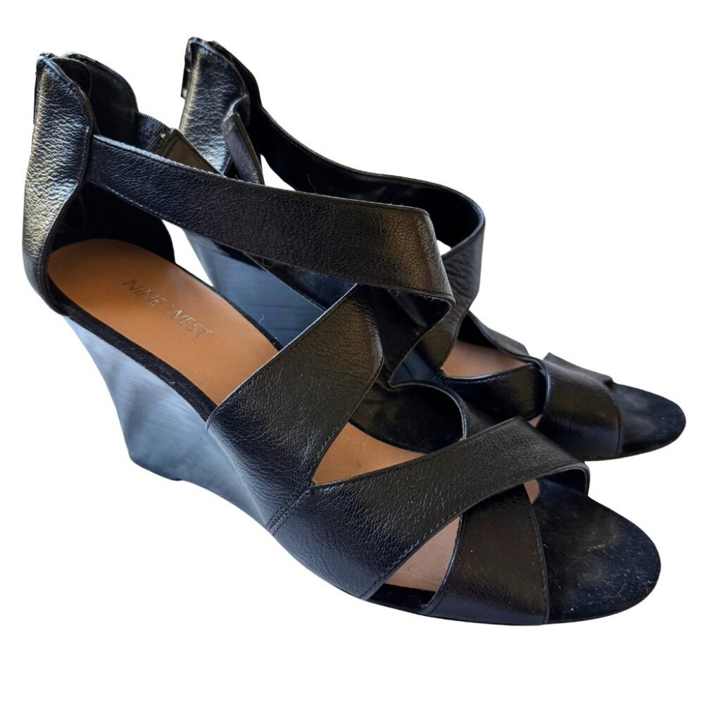Nine West Black Leather Wedge Sandals Zipper and Straps SIZE 8.5  3.5 inch Heels